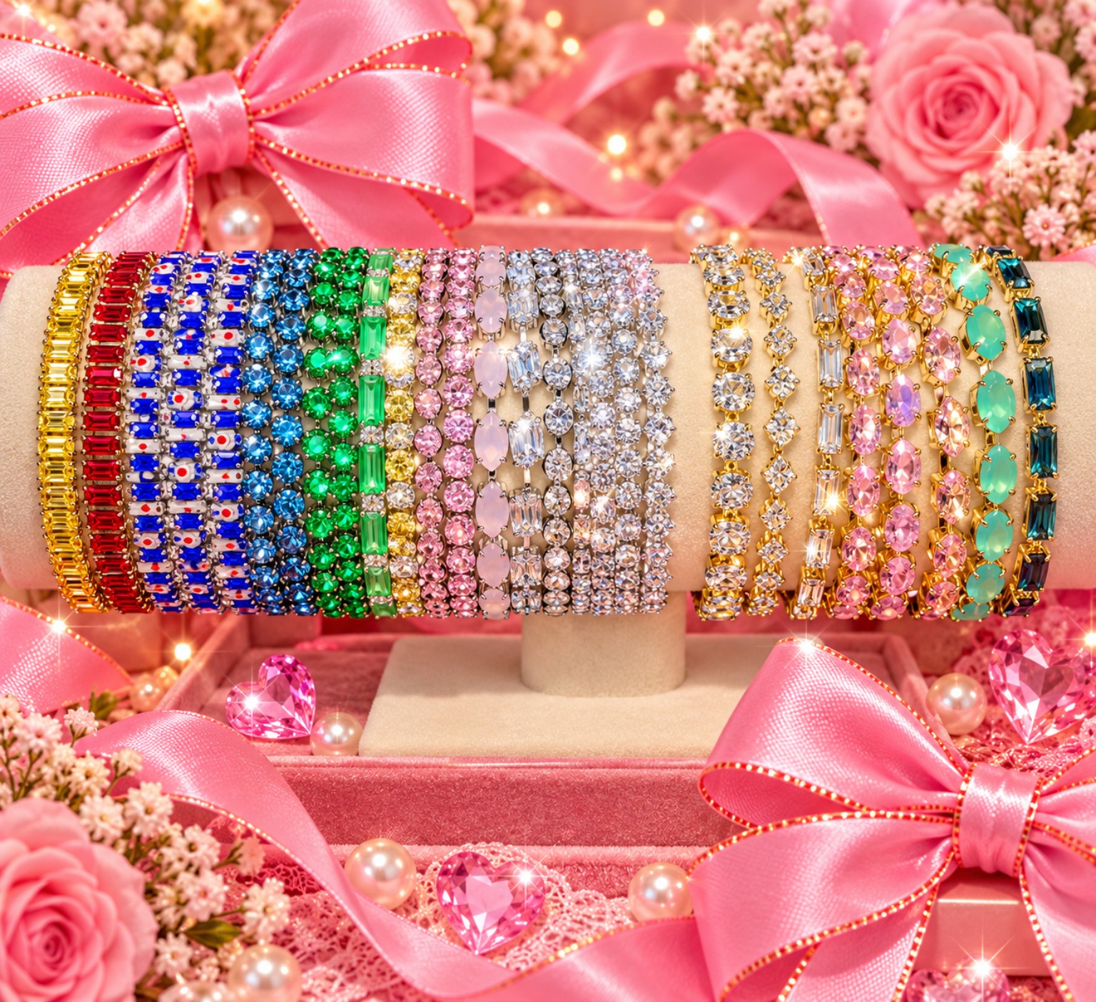 Collection of colorful gold-tone and silver-tone sparkle bracelets