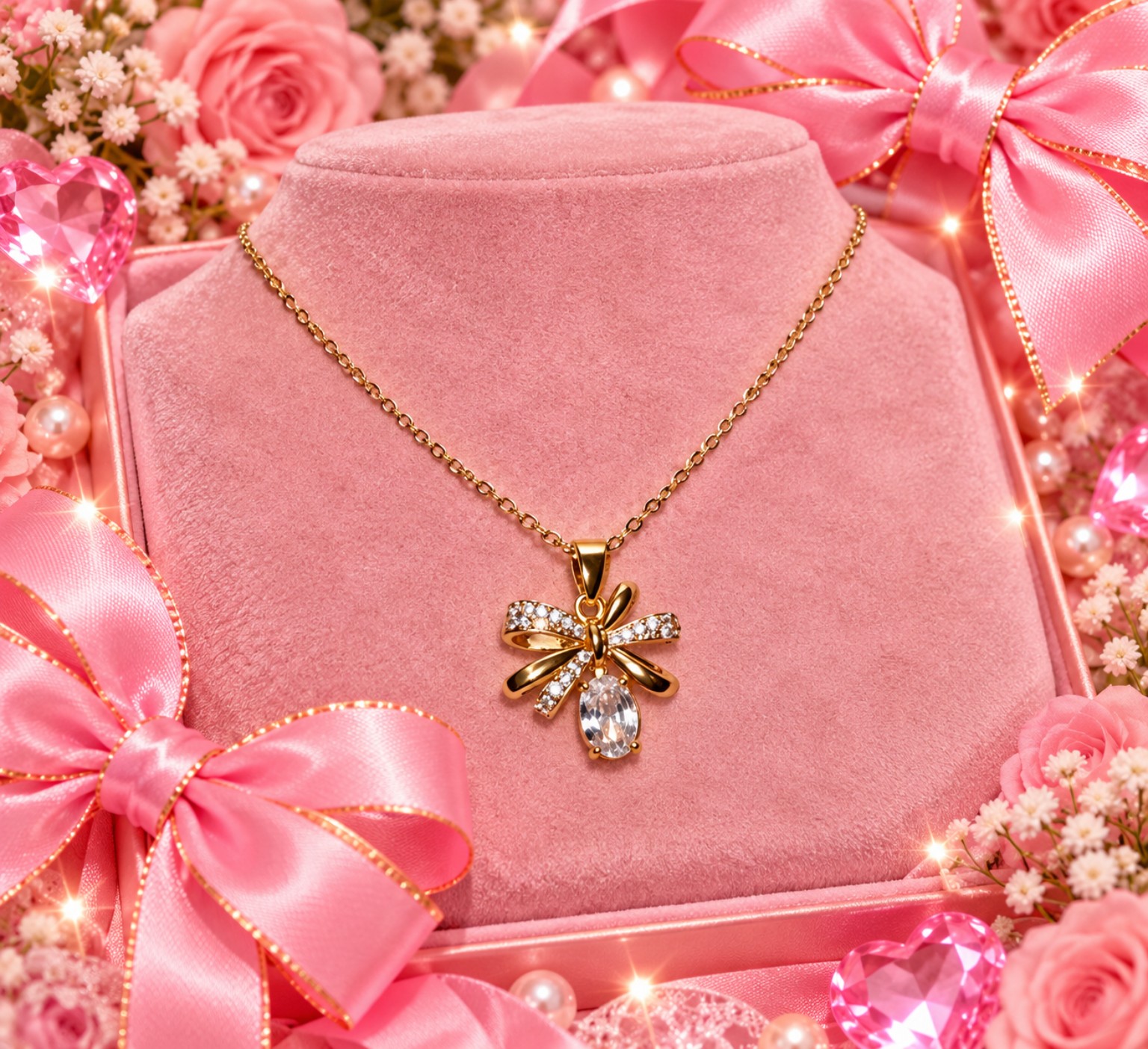 Gold-tone bow necklace displayed on pink velvet with satin bows